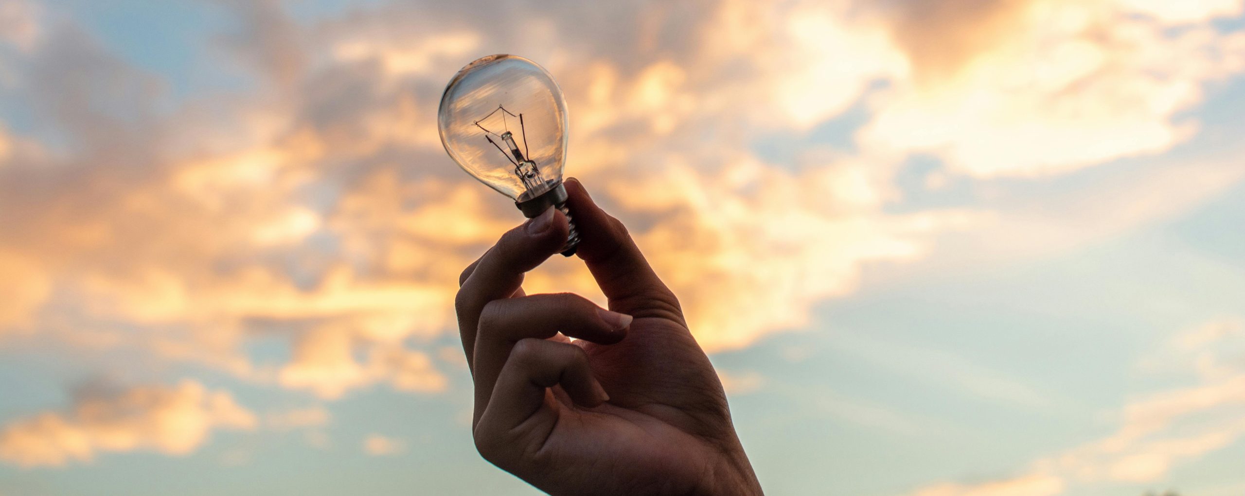 color photo of a person holding a lightbulb in front of a sunrise